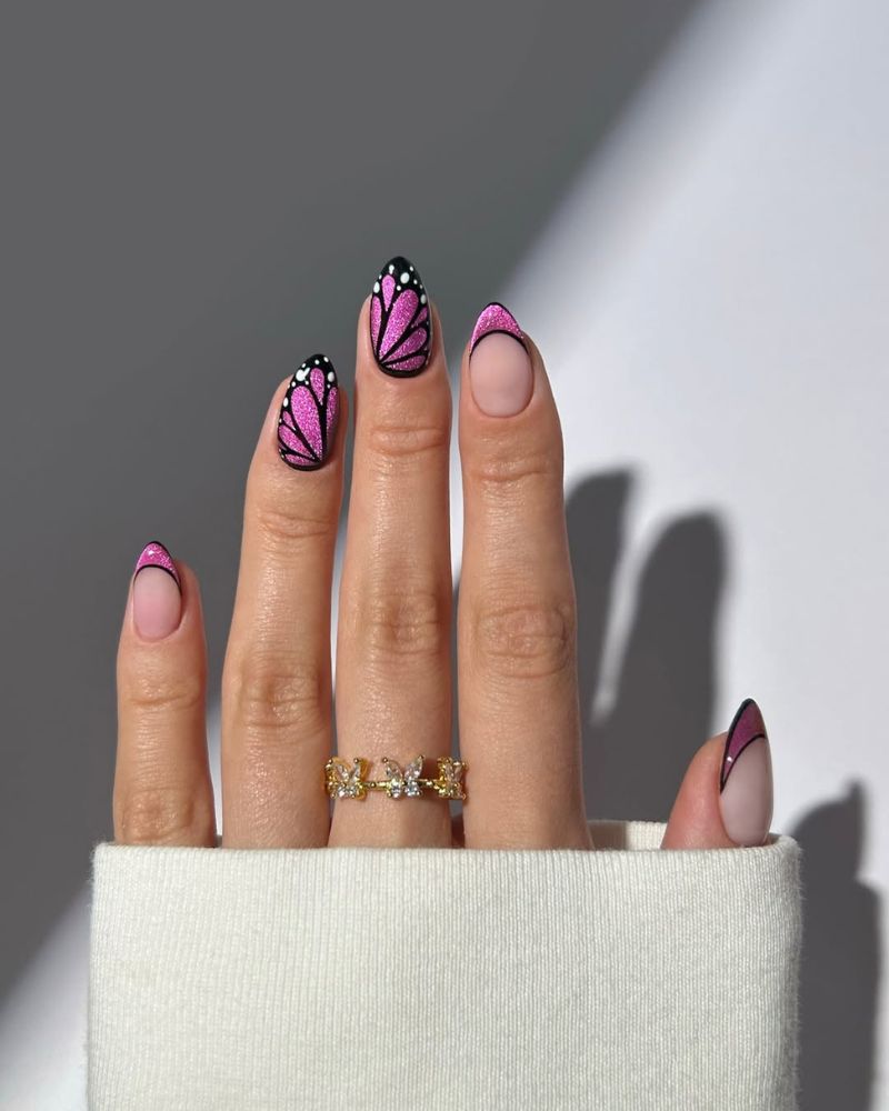 ongles papillon, ongles cat eye violets, ongles de printemps, ongles printaniers élégants