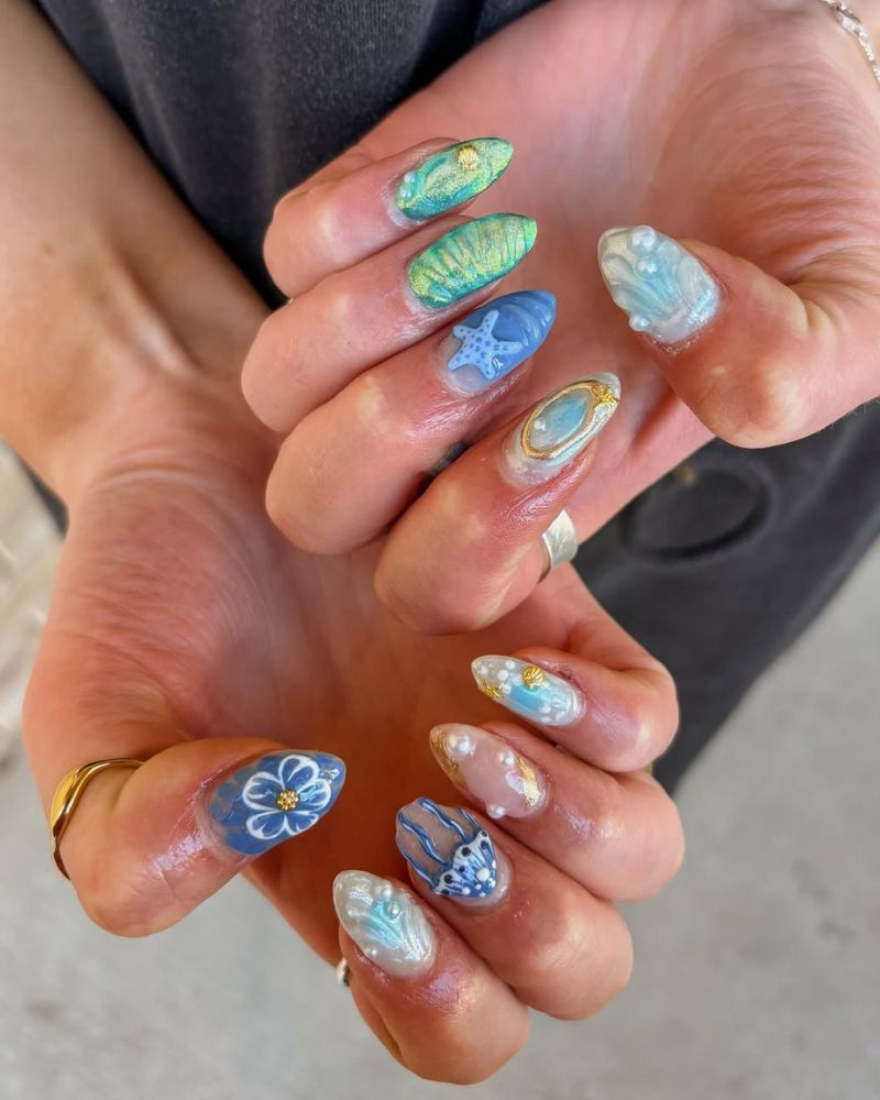 ongles océaniques, ongles de plage, nail art 3D