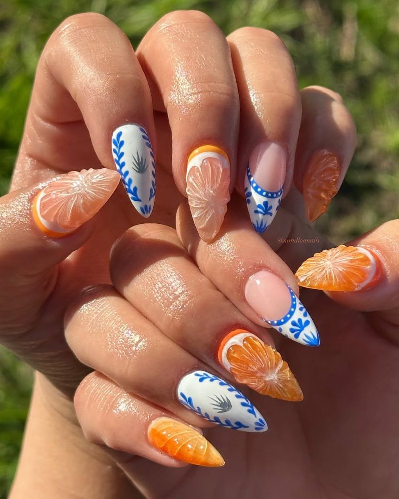 vacation nails, orange nail art, greece nails