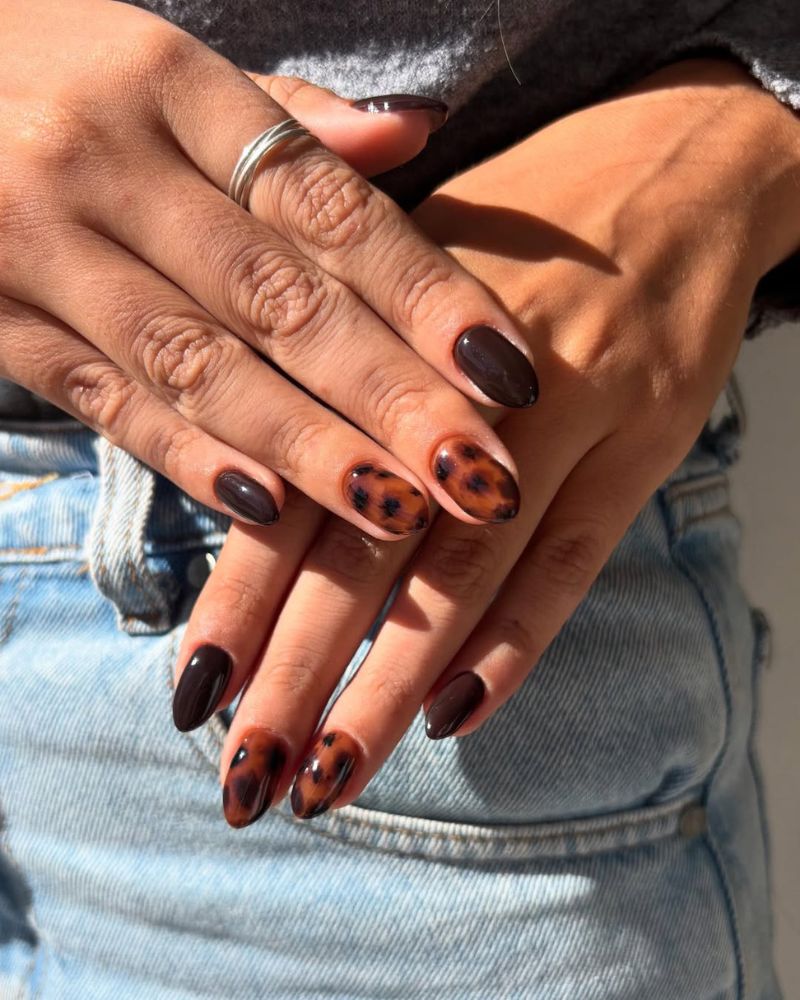 ongles écaille de tortue chics avec une couleur marron simple