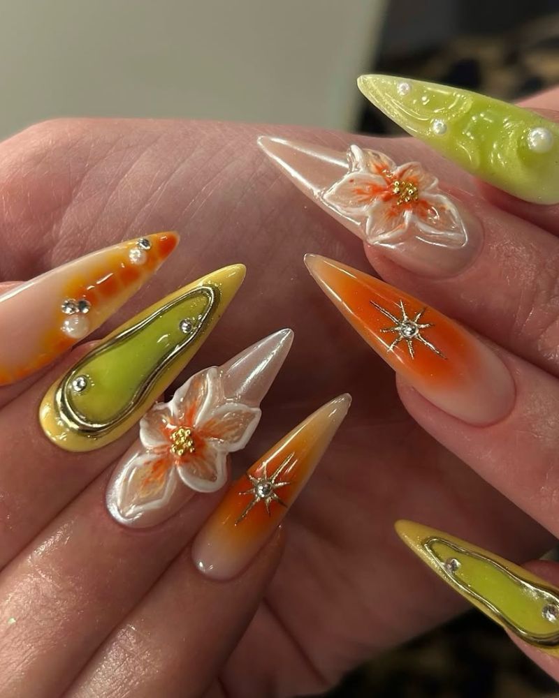 stiletto nails, lime green nails, orange nails