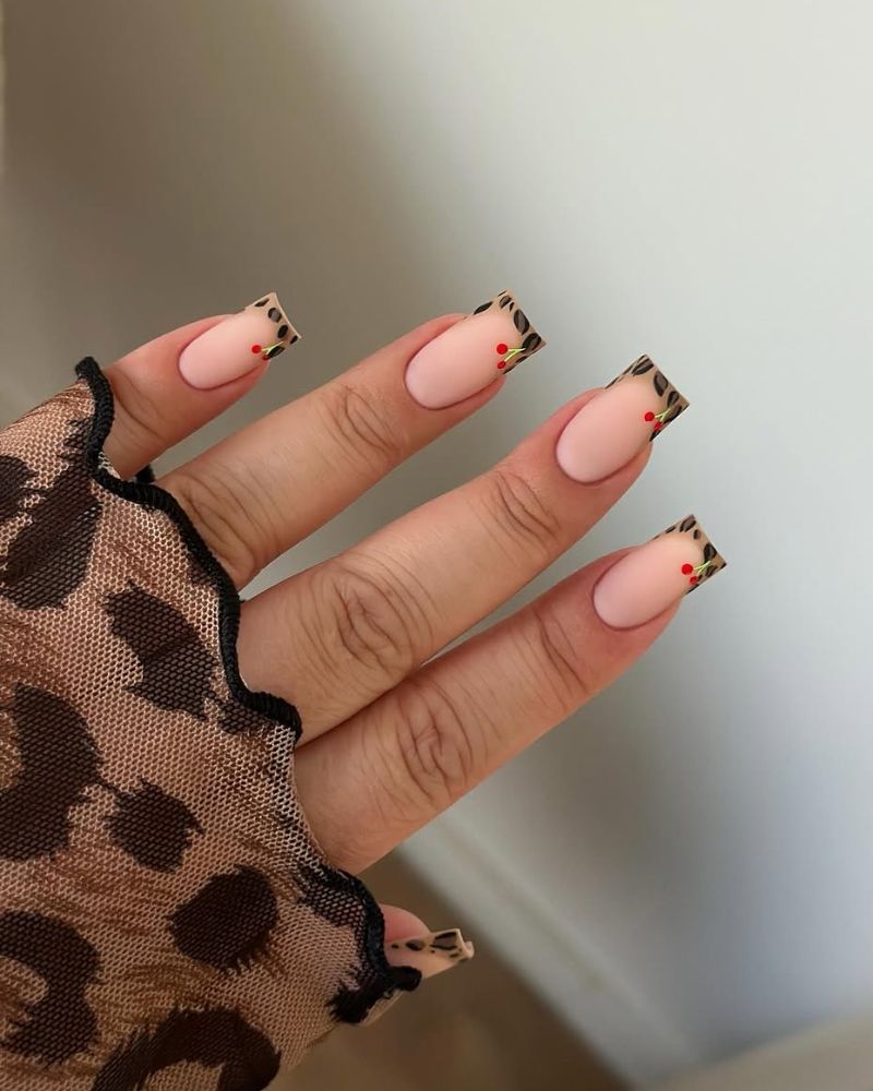 animal print tips, small cherry nail art
