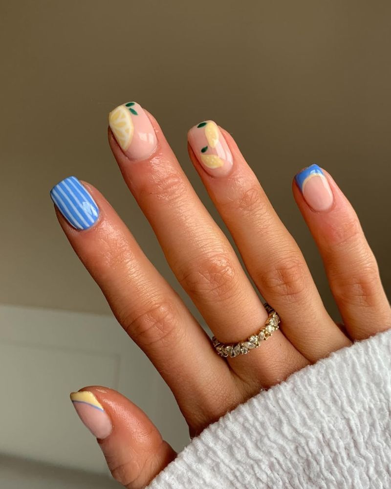 ongles citron, ongles bleu et jaune