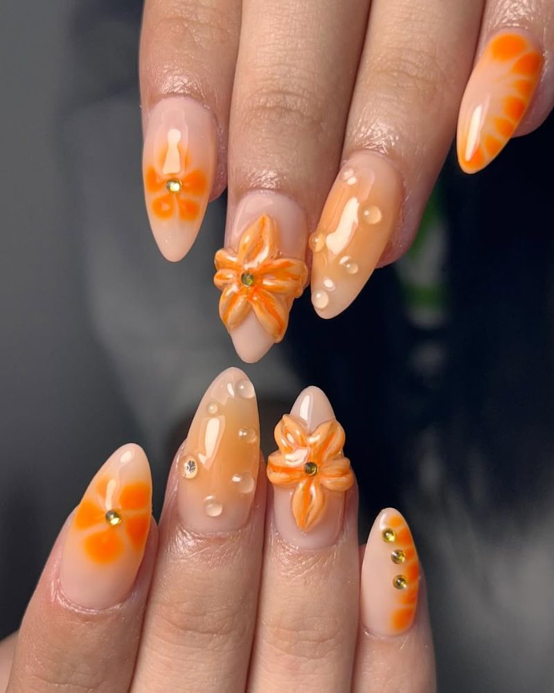 orange nail art, 3d flower nail art