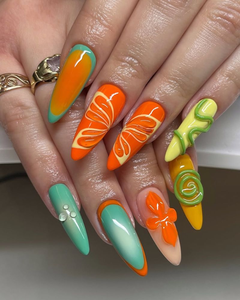 ongles stilettos longs, nail art orange, ongles printaniers colorés