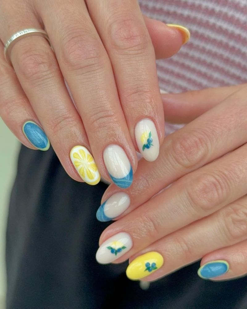ongles bleu et jaune, nail art citron