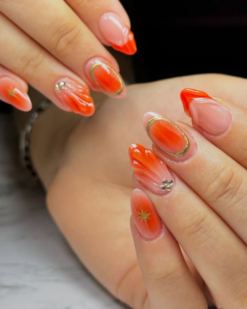 hot orange nail art, summer nails