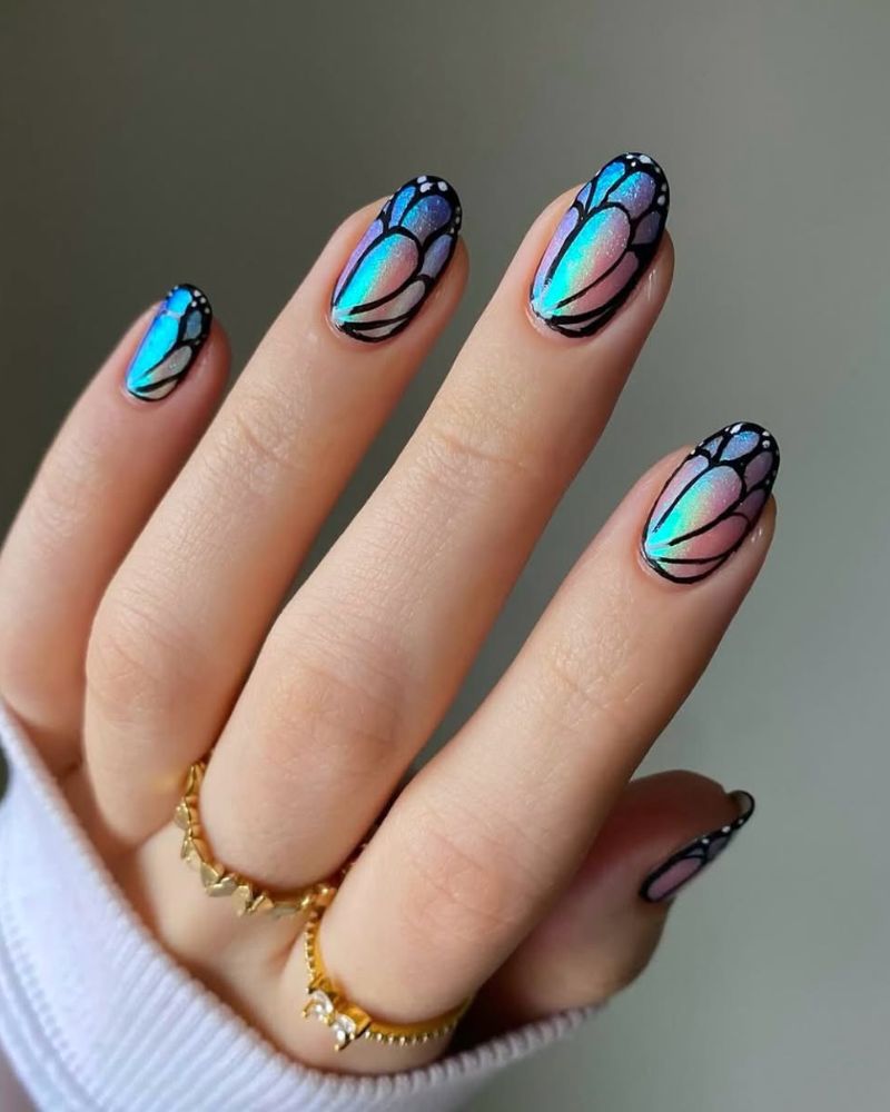 ongles papillon, ongles arc-en-ciel holographiques