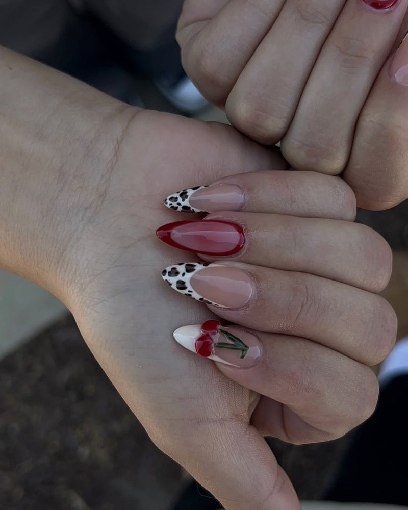 stiletto nails, 3d cherry, animal print nail art
