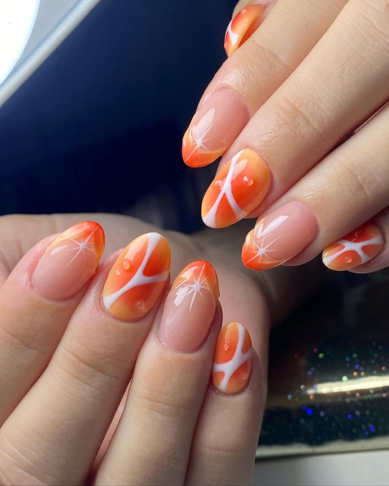 short summer nails, orange aura nail art