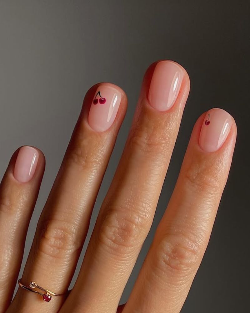 minimalistic cherry nail art, clean nails