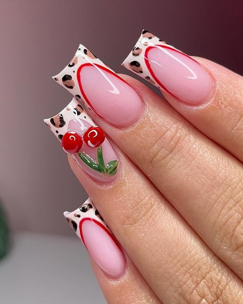3d cherry nail art, animal print french tips