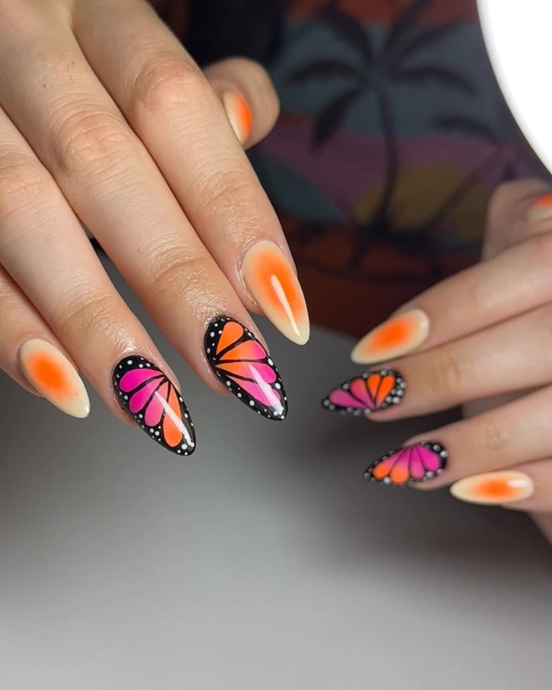butterfly nails, orange aura nail art