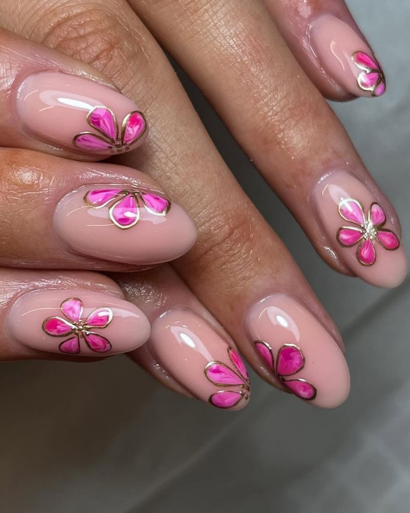 ongles élégants de printemps, nail art de fleur rose