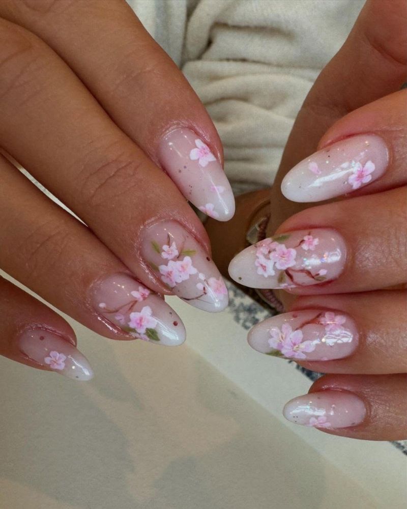 ongles fleurs de cerisier, baby boomer, ongles classes