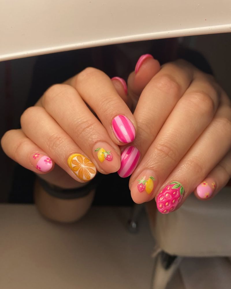 ongles rose et jaune, ongles fraise, ongles citron