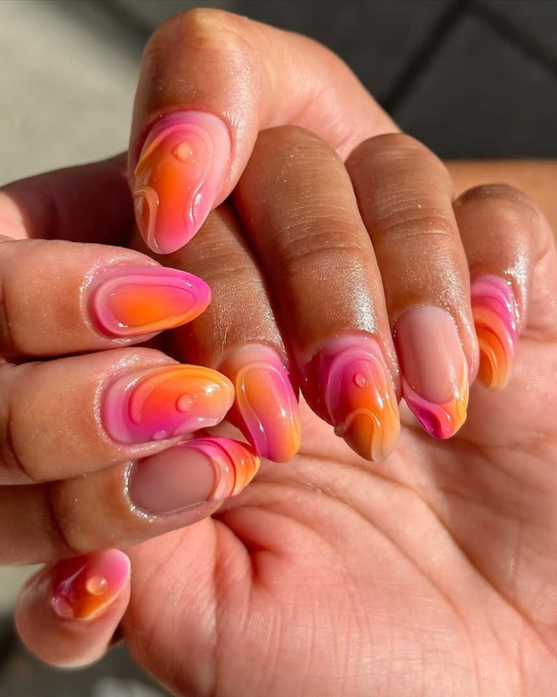 designs d'ongles rose et orange, ongles d'été simples, nail art 3D