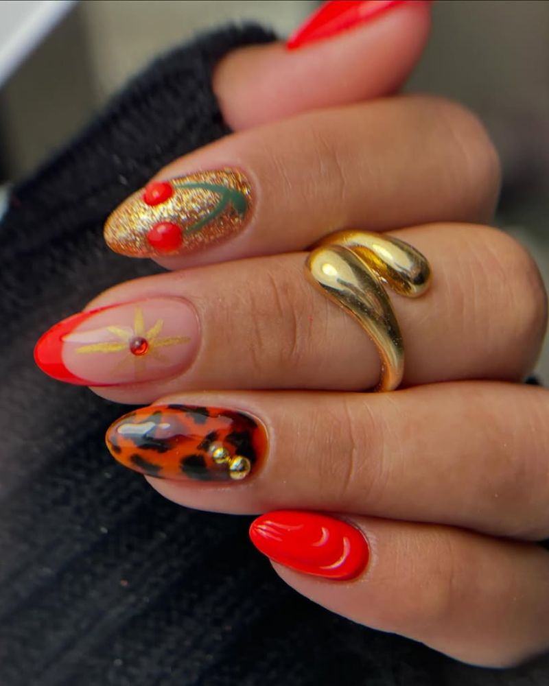fiery orange nails, cherry nail art