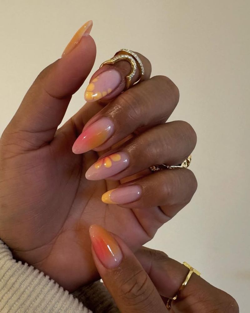 nail art coucher de soleil, rose et orange