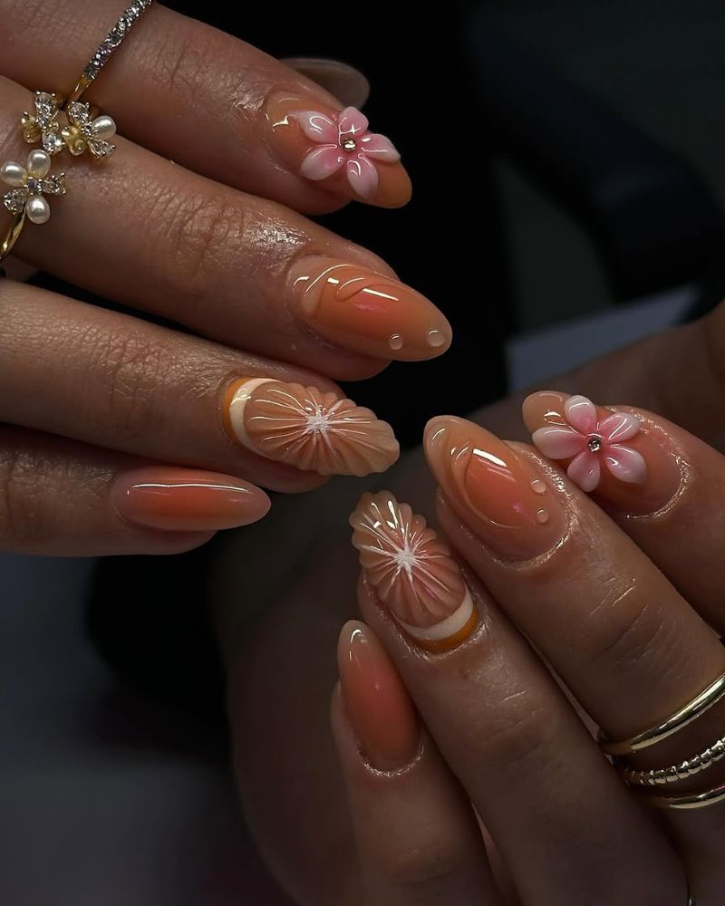 3d nail art, oranges nail art, flower nail art
