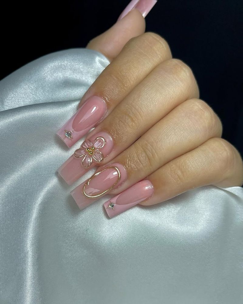 french rose clair, nail art fleurs 3D
