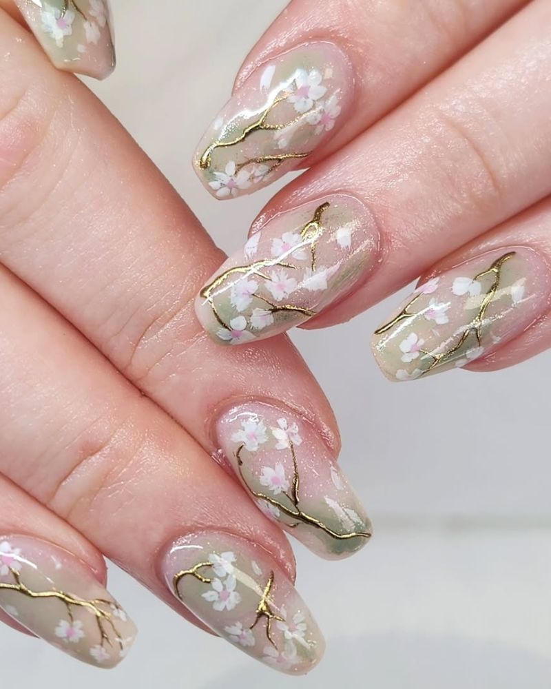 ongles coffin, ongles de printemps, design floral