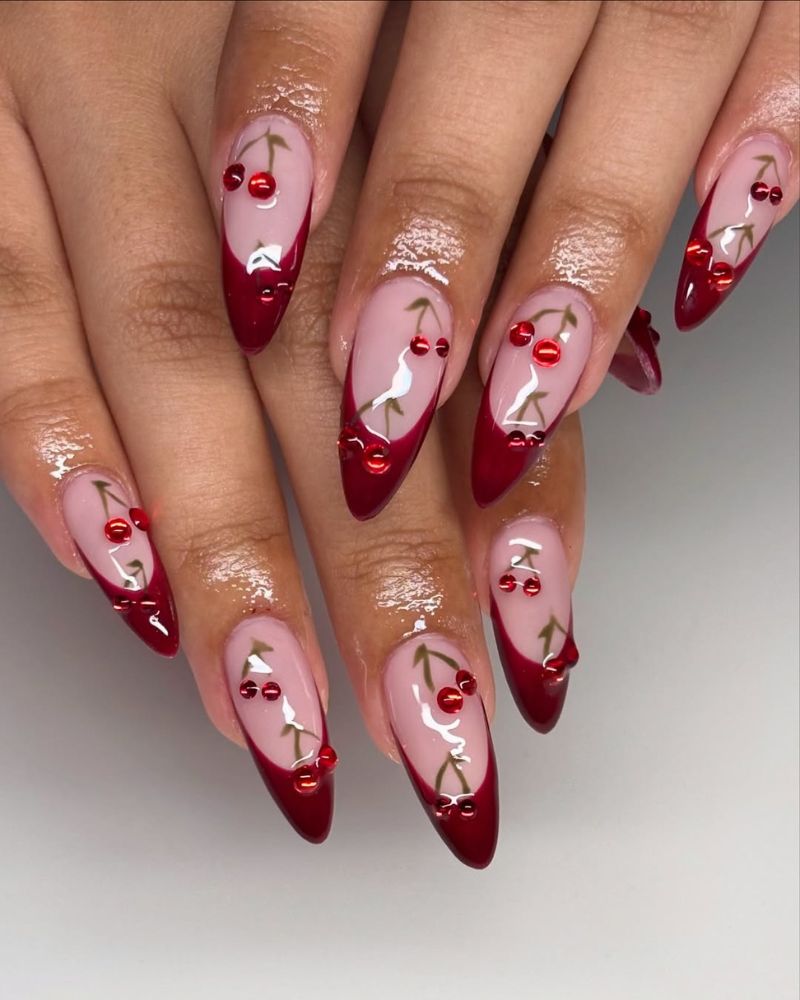 dark red tips, red crystals nail art