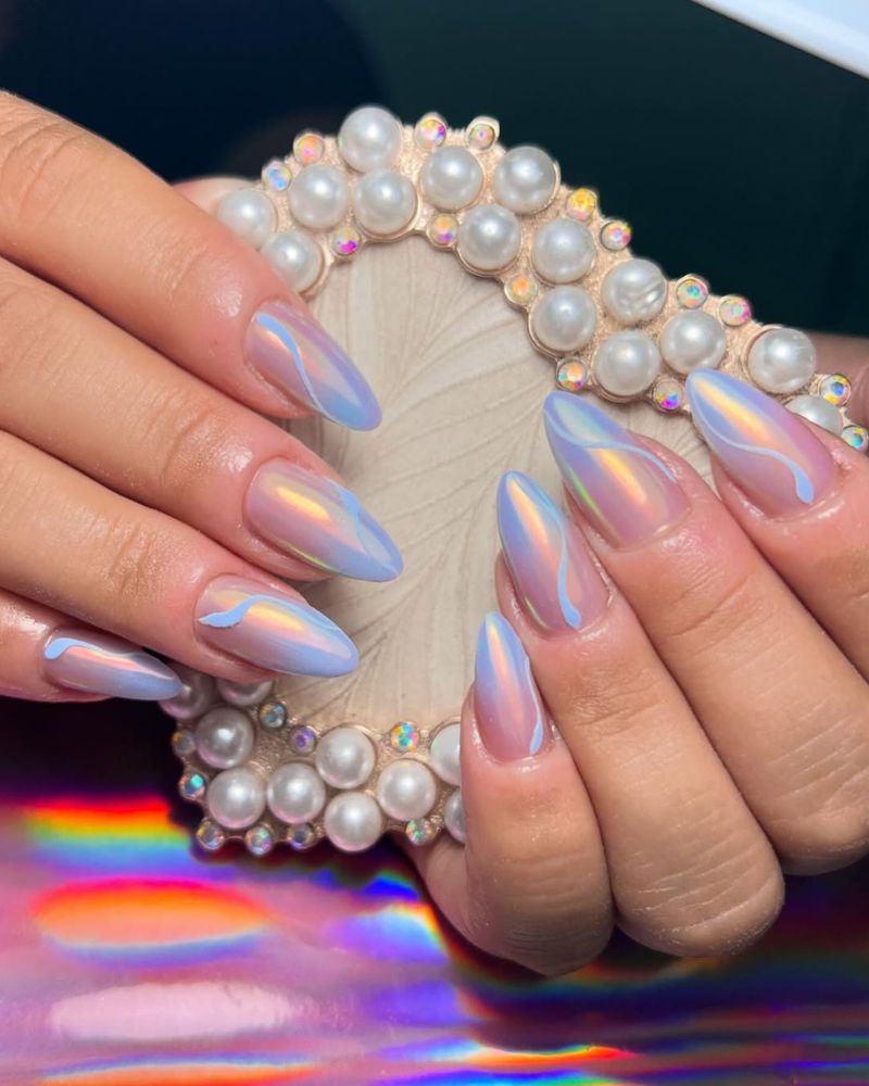 pointes French bleu, ongles chrome, ongles d'été