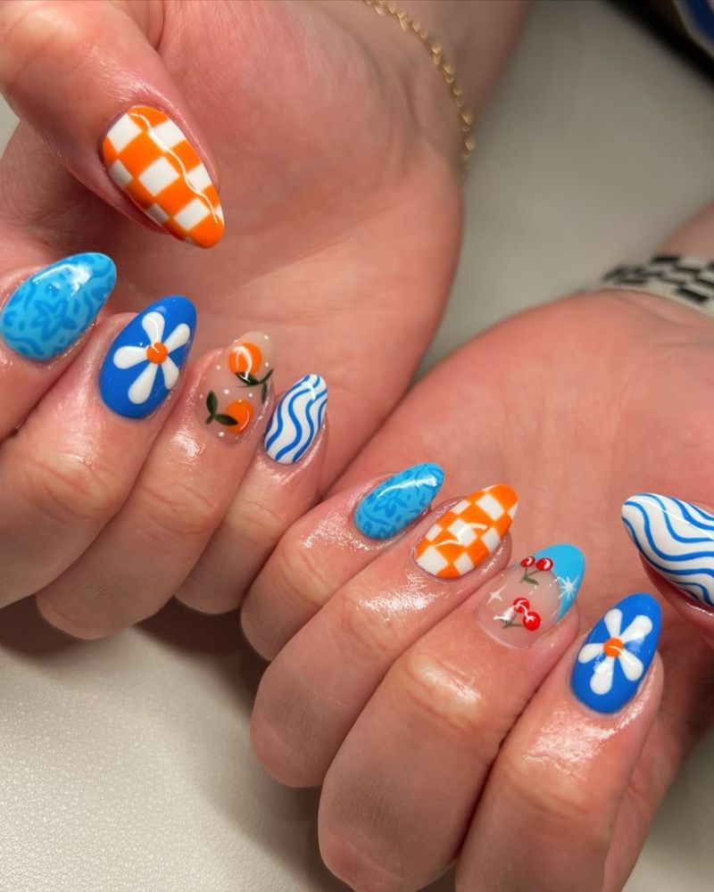 ongles méditerranéens, ongles bleus, ongles oranges, ongles vacances été