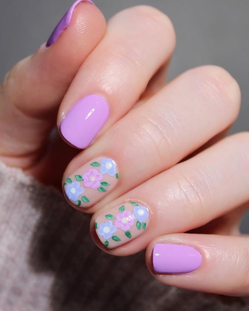 ongles violets, idées nail art de printemps
