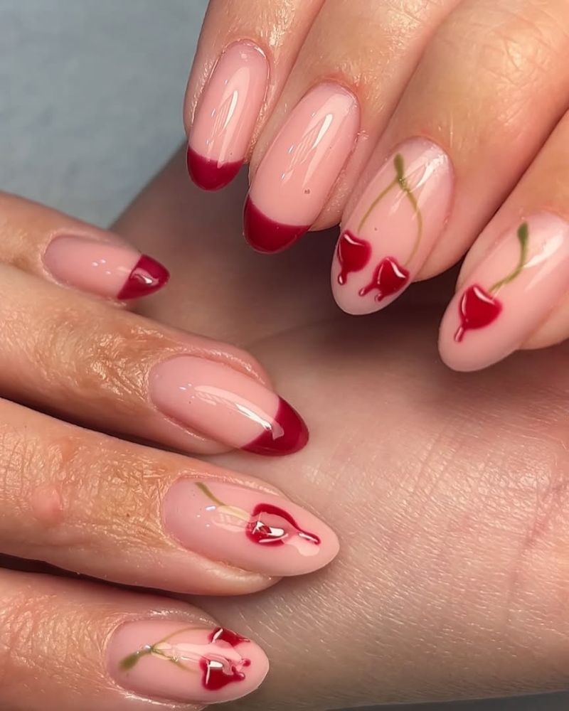 red tips nails, cherry nail art