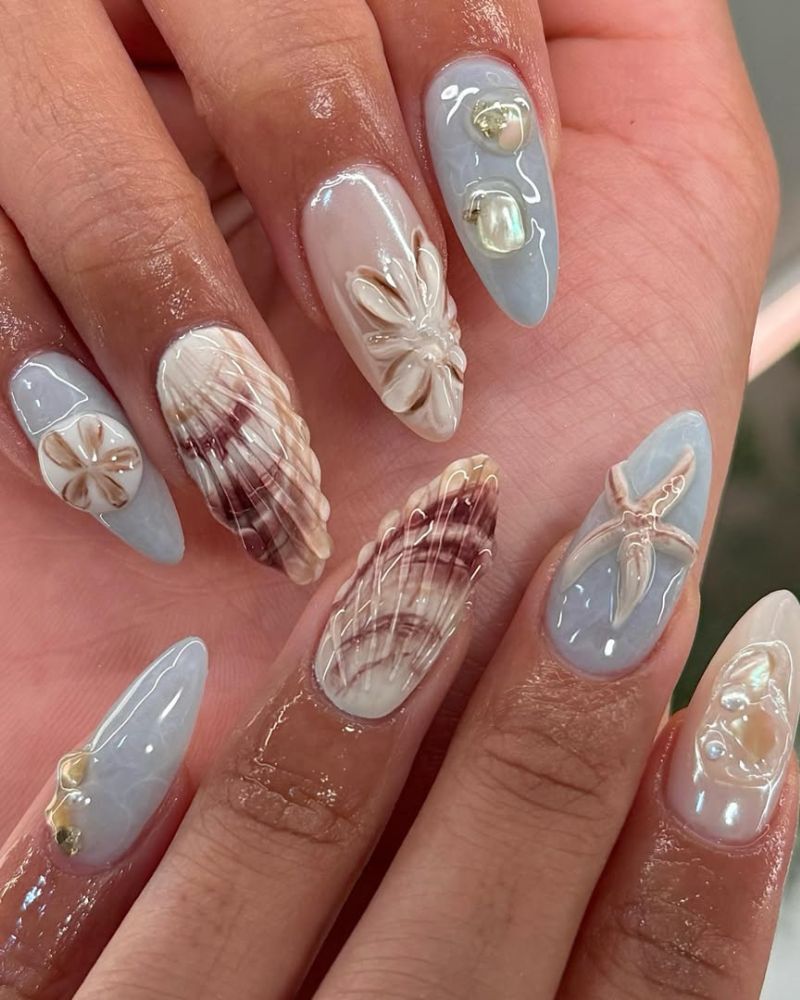 ongles sirène, nail art coquillage, ongles élégants