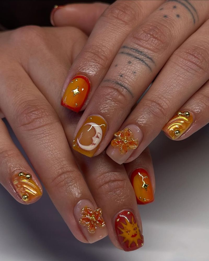 short square nails, burnt orange nail color