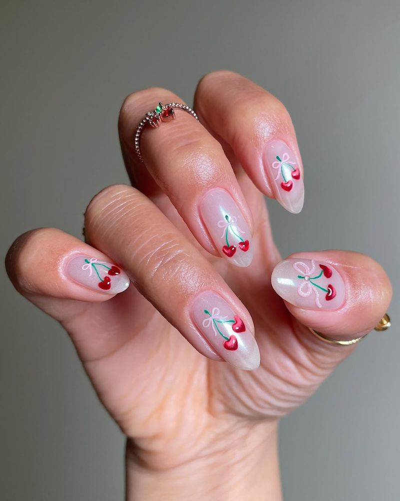 shimmery white nails, cherry red nails
