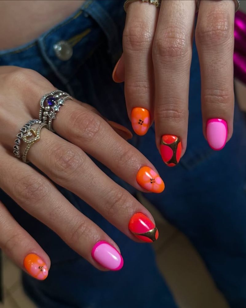 pink and orange nails, short summer nails