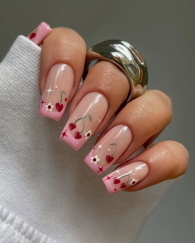 pink french nails, cherry blooms nail art
