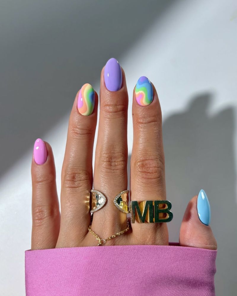 art d’ongles arc-en-ciel, ongles pastel, ongles été, ongles printemps