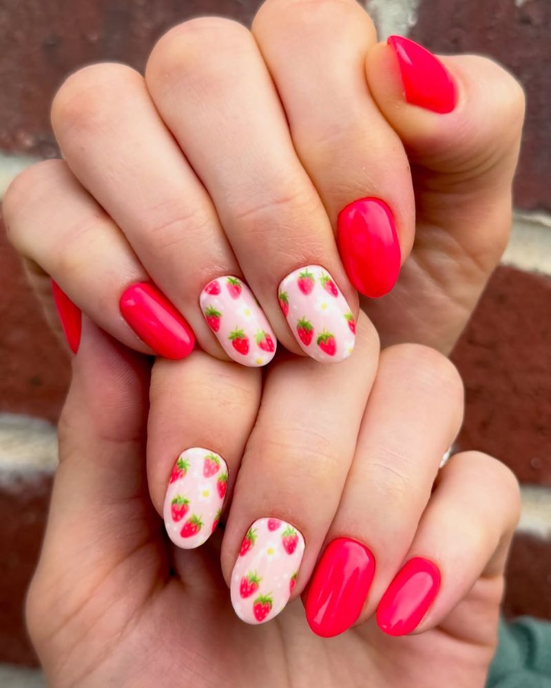 Manucure rouge vif avec nail art fraise sur une base rose