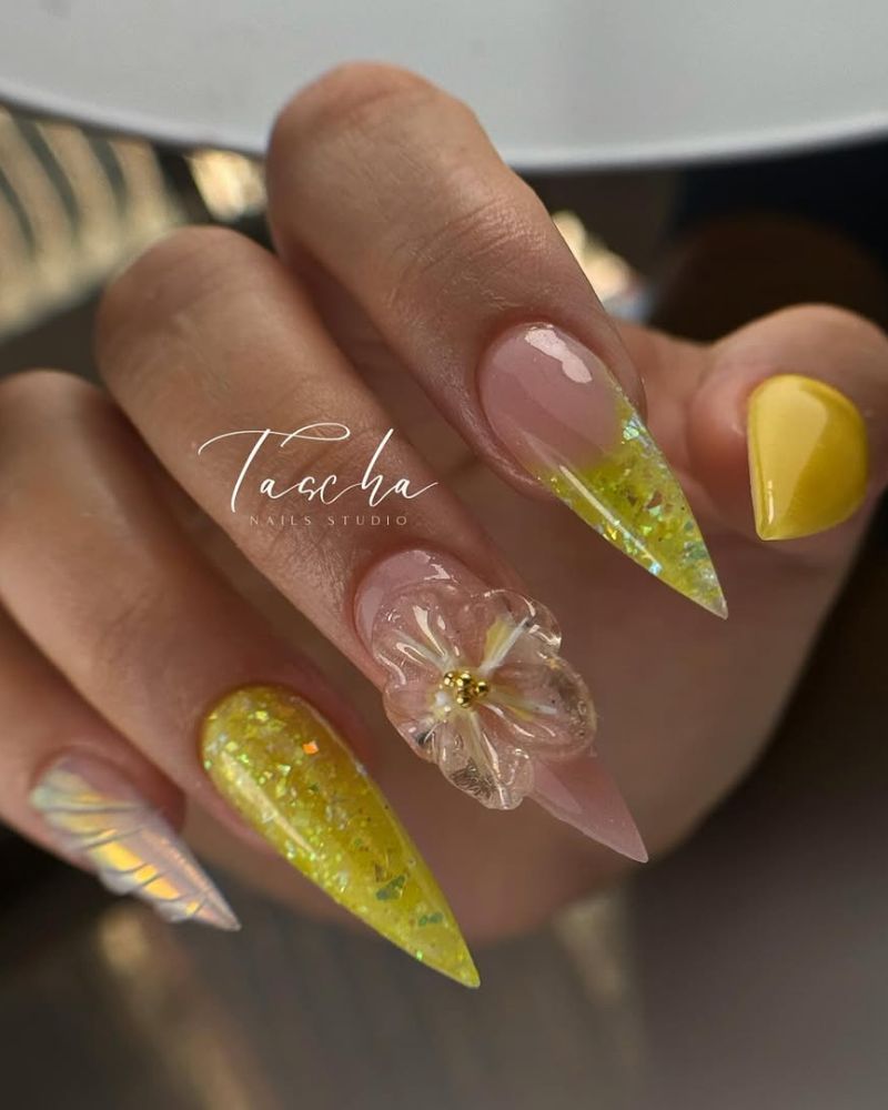 ongles stiletto, designs d'ongles jaunes, nail art 3D
