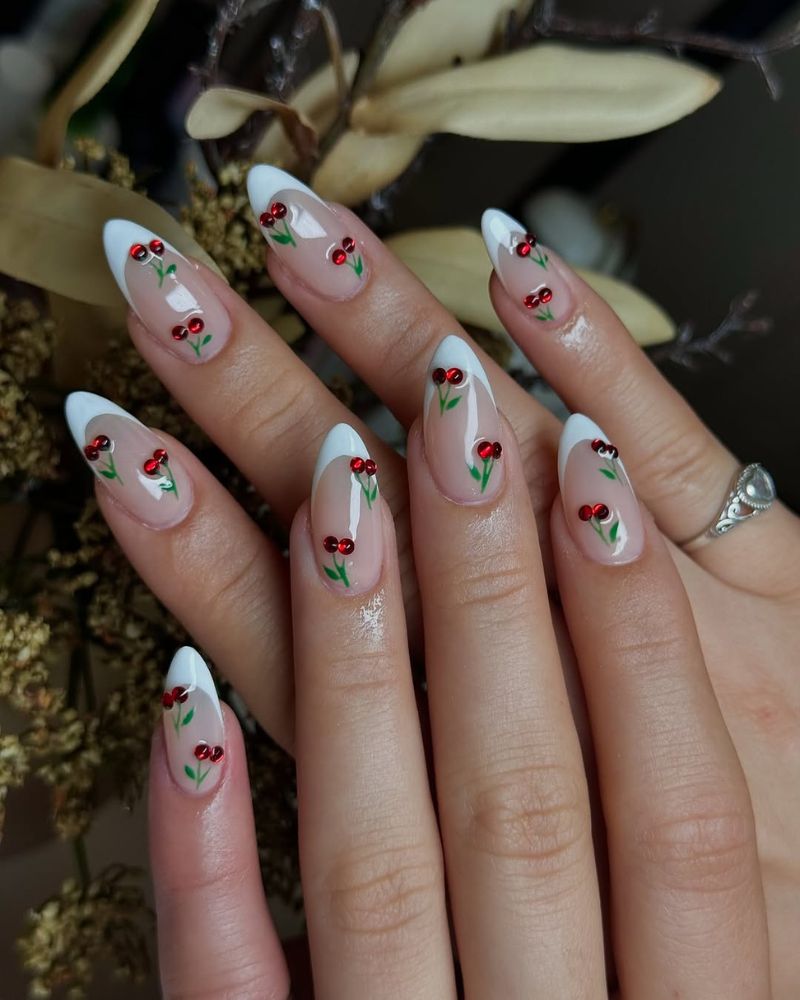 white tip french, cherry nail art
