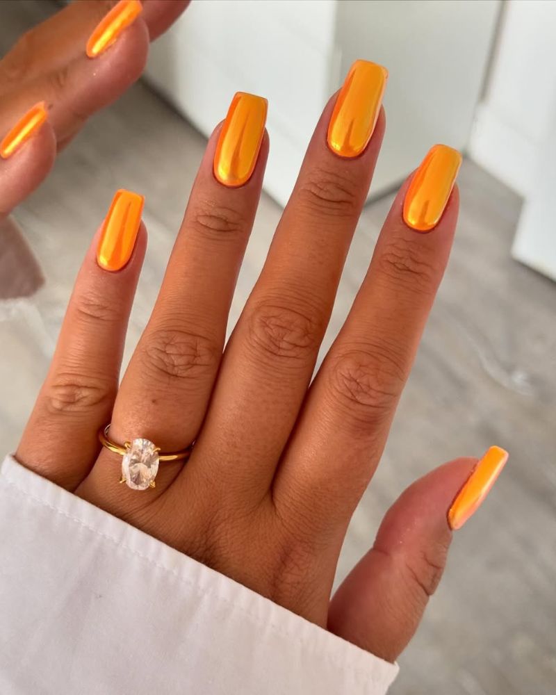 orange chrome nails, coffin nails
