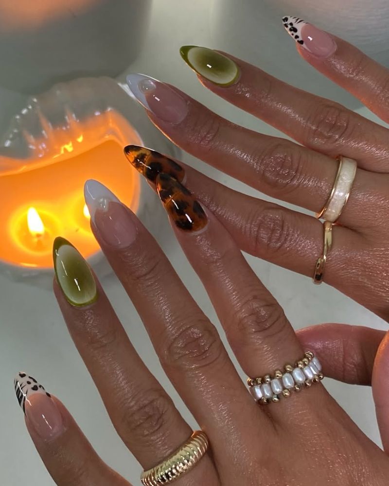 ongles amande gel-x automne avec nail art animalier et vert olive