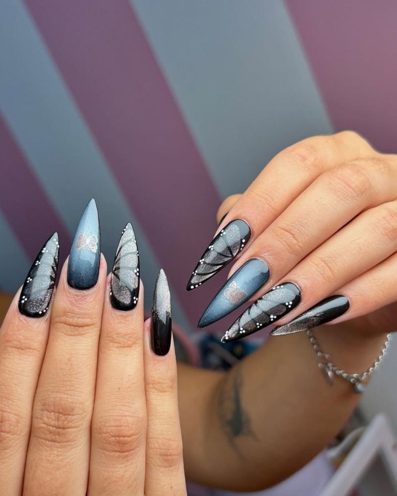 ongles stilettos longs, ongles papillon foncés