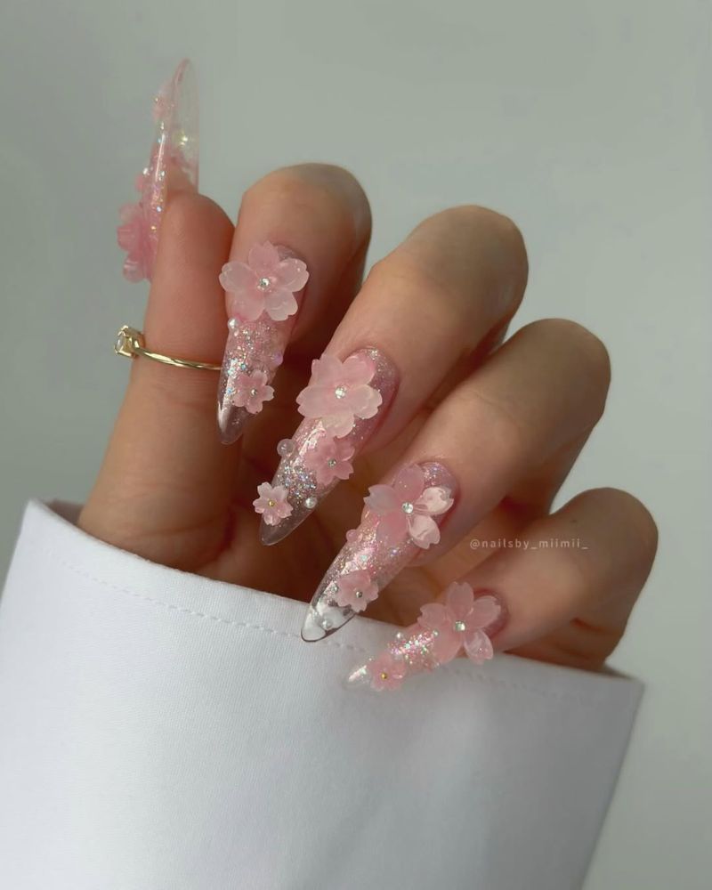 nail art fleurs 3D, ongles stilettos