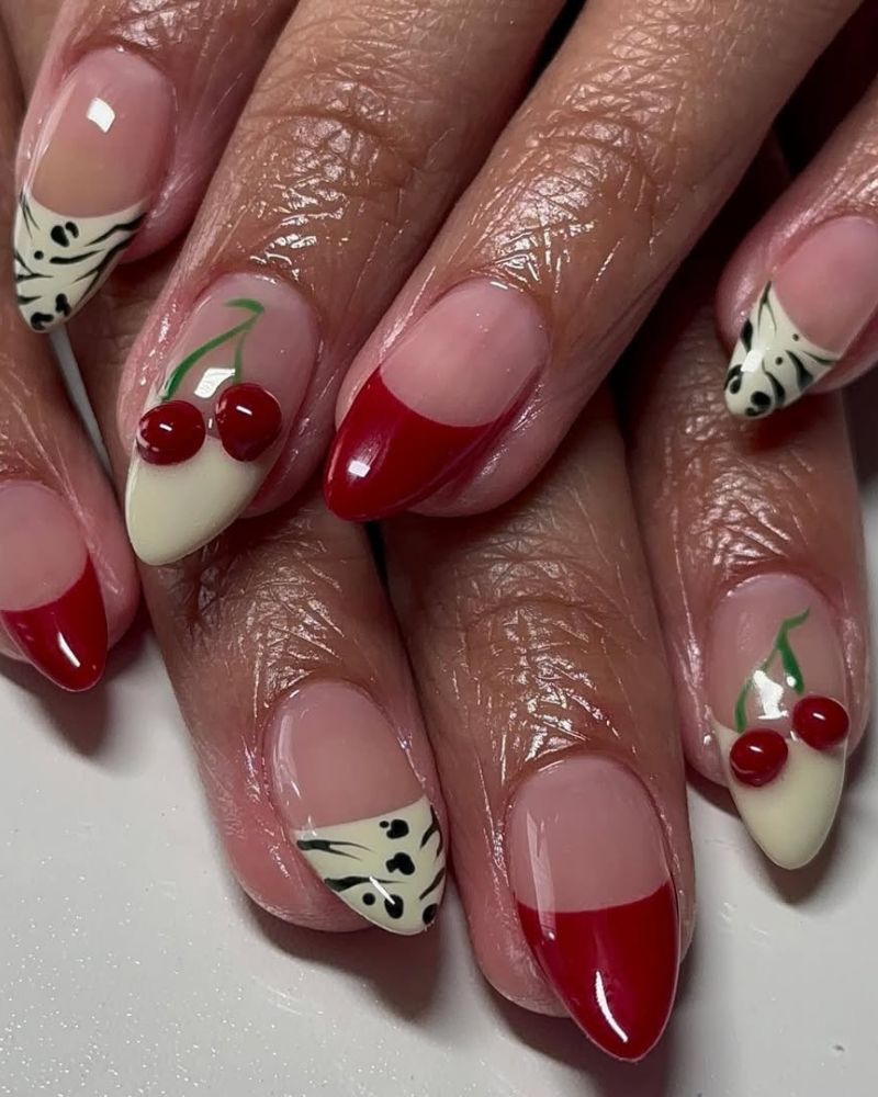 cherry nail art design, animal print nail art