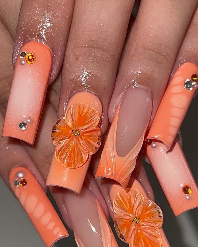 coffin nails, orange nails, summer nails