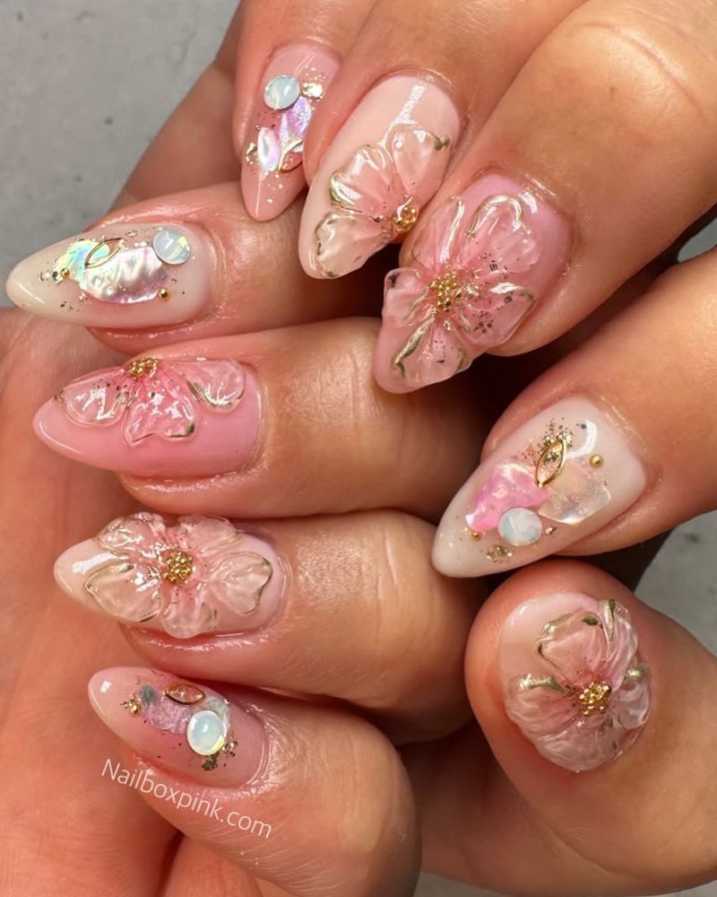 nail art cerisier 3D, ongles stilettos courts