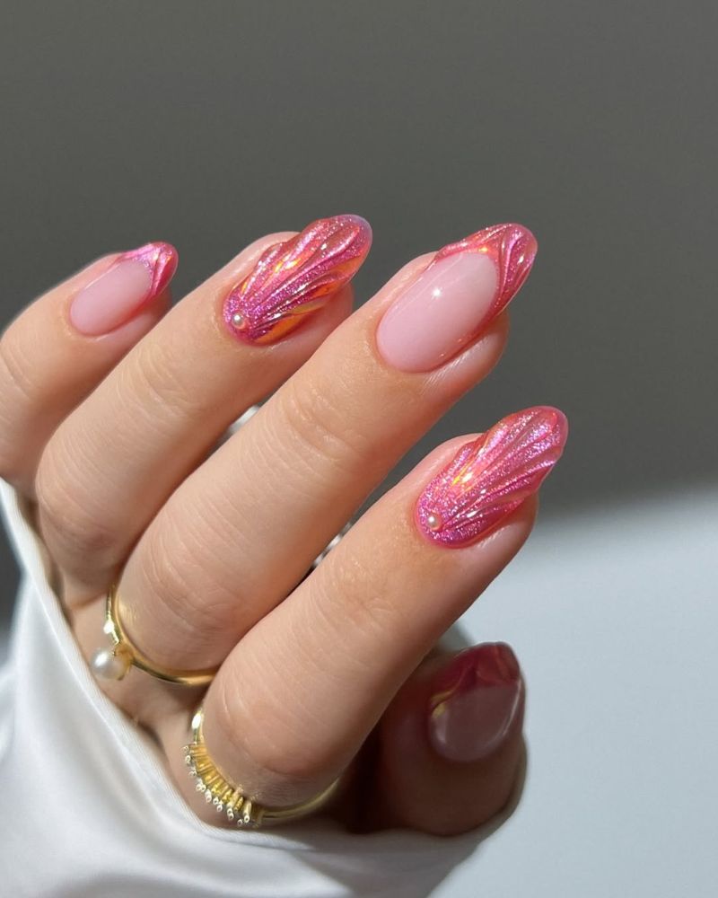 design d'ongles sirène, ongles roses scintillants