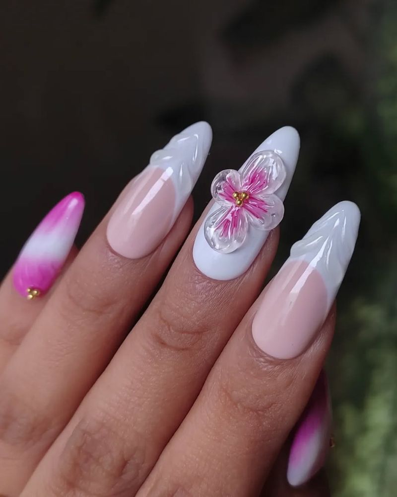 ongles blancs, nail art fleur 3D