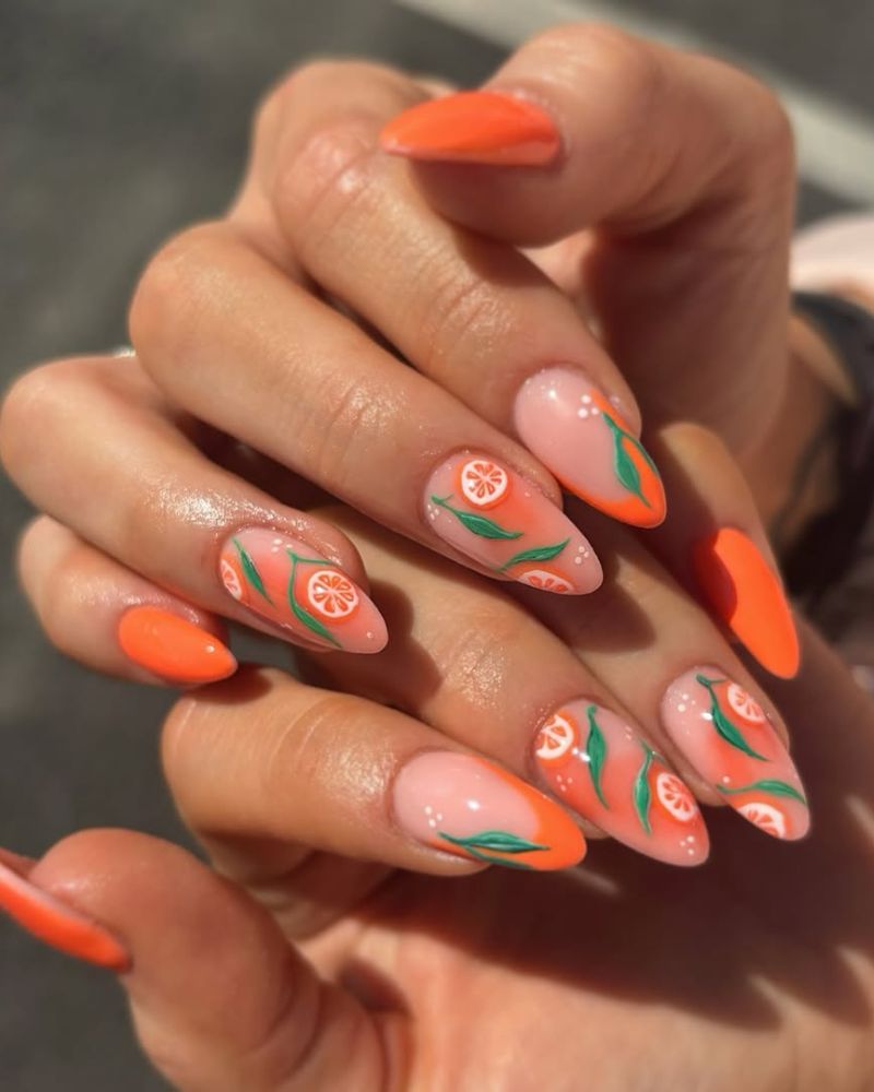 ongles orange, ongles fruités